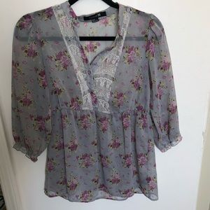 Forever 21 Flowy Gray Floral Blouse with Lace